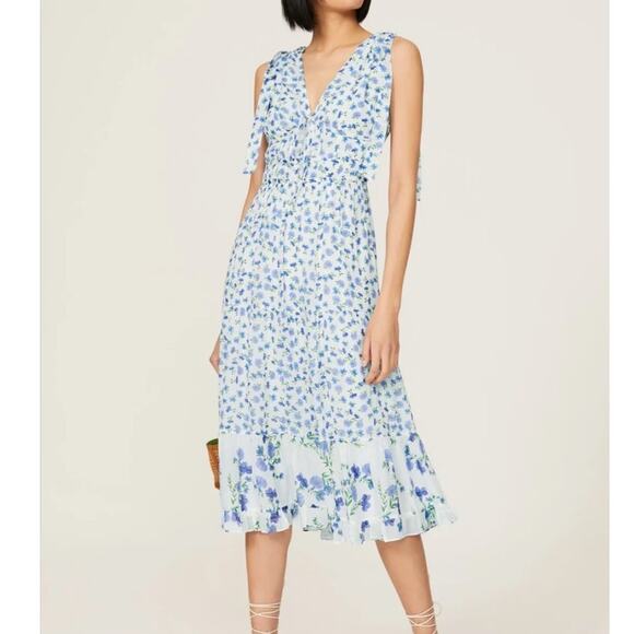 Shoshanna Helena Floral Tie Shoulder A-line Midi Dress size 4 optic white/purple - Picture 1 of 8